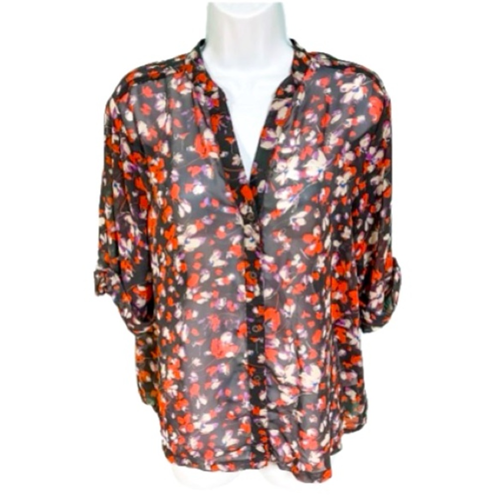 Pleione Black & Red Sheer Floral Quarter Sleeve Button Up Blouse Womens M